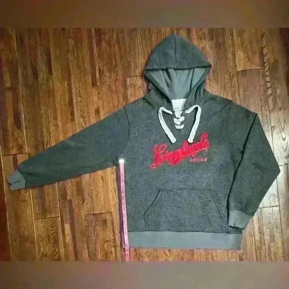 LEINENKUGEL Lace Up Pullover Hooded Knit Sweatshirt in Grey with Embroidery - Picture 4 of 9